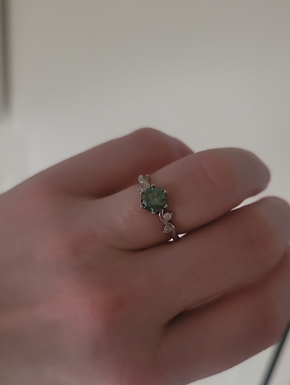 Silver Ring with Green Stone and Accent Moissanite Stones